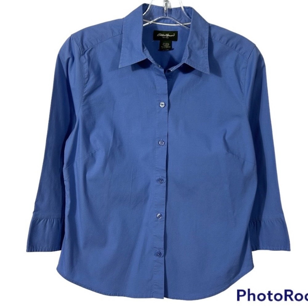Women’s Eddie Bauer Cotton Blend Blue Button Down Shirt 3/4 Sleeves Size S